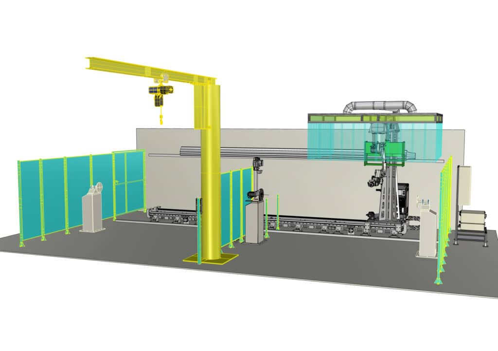 Rendu 3D d'une cellule de production robotisée avec portique et écrans de protection.